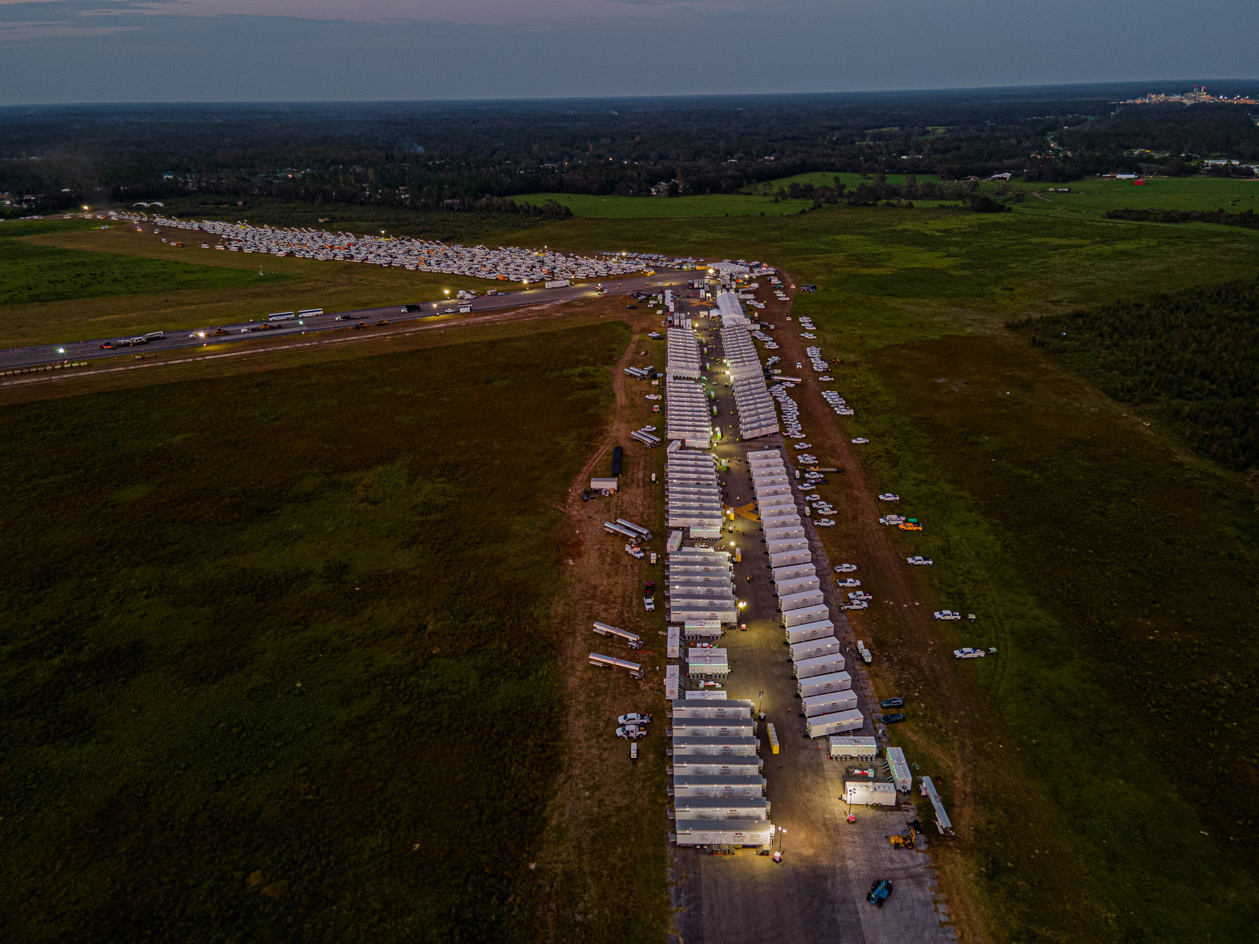 Base Camp at Night for Hurricane Idalia Disaster Recovery by Lodging Solutions and Industrial Tent Systems