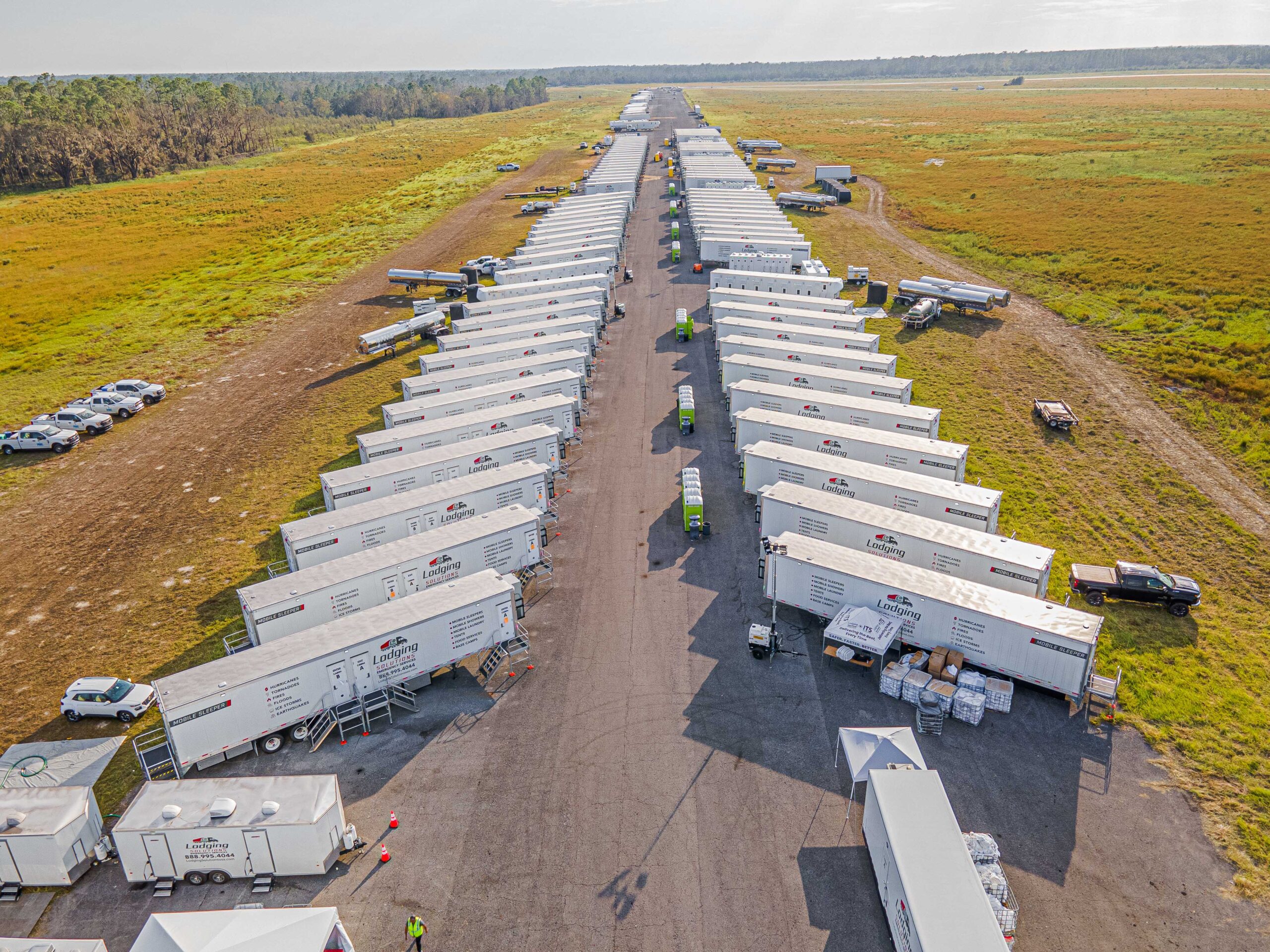 Base Camp for Hurricane Idalia Recovery Efforts by Lodging Solutions and Industrial Tent Systems