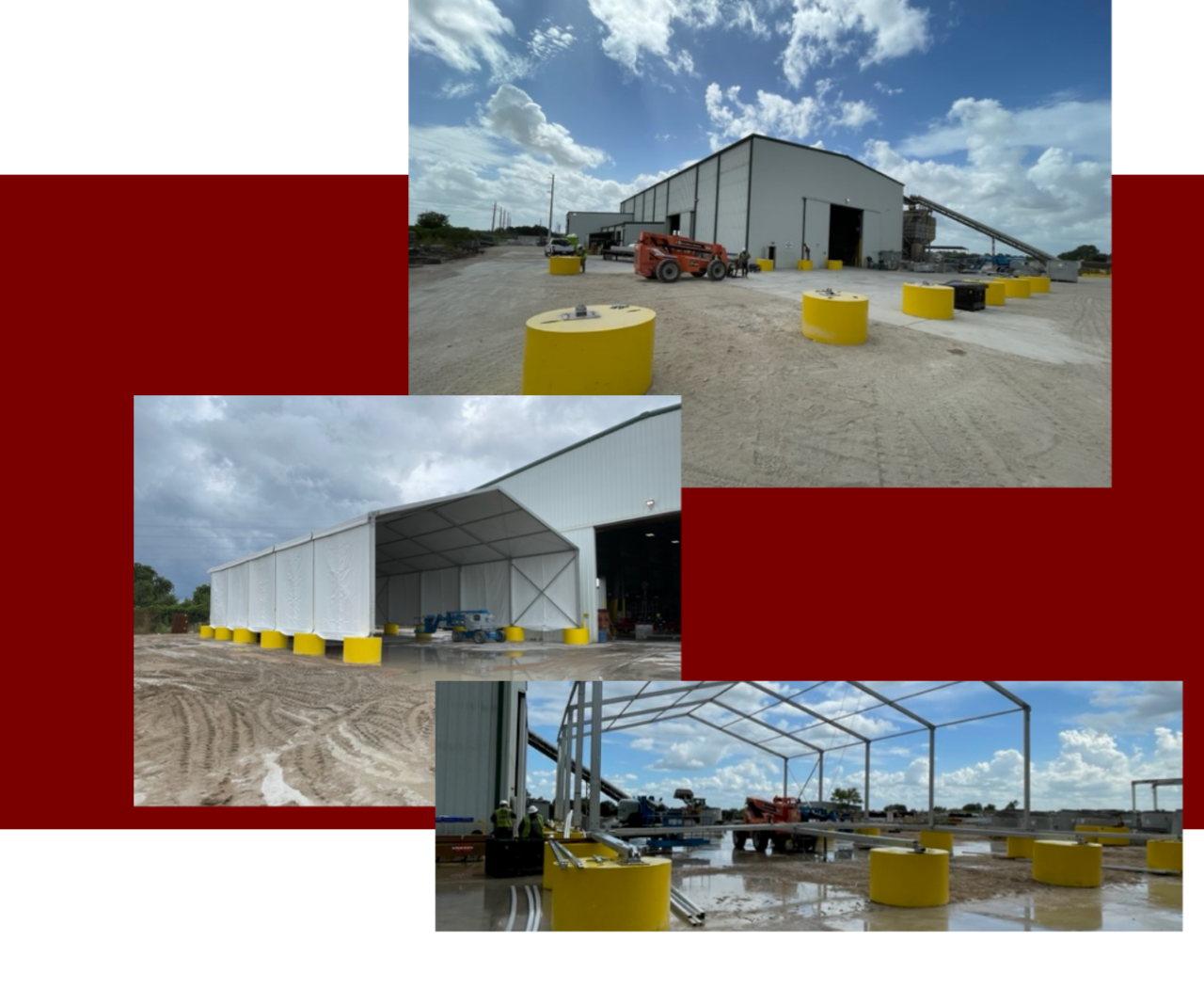 Clearspan tent structures used for temporary warehouse storage on construction sites by Industrial Tent Systems
